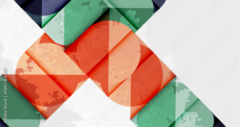 Poster abstract geometric design. overlapping shapes create layered effect. red, green, white colors domina