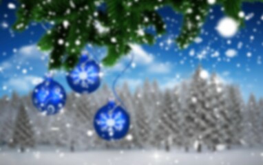 Fototapeta premium Flat design showing three blue snowflake baubles hanging from fir branch, snow falling over forest
