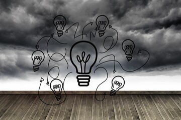 Light bulbs on background with dark clouds