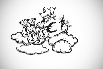 Large euro bag wearing crown band is floating on sketch clouds with dollar sacks and imp