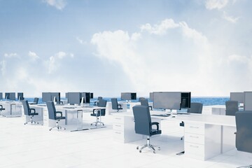 Flat design is showing open-plan office with white desks, black chairs, monitors, ocean view