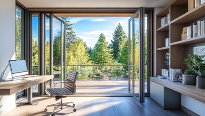 Modern home office with expansive forest view