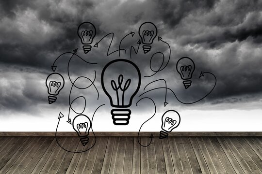 Fototapeta Light bulbs on background with dark clouds