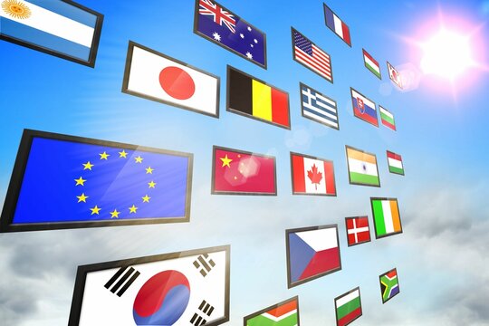 Naklejki Screen collage showing international flags