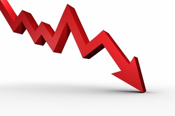 Red 3D zigzag arrow is showing downward trend on white background, subtle shadowing, copy space