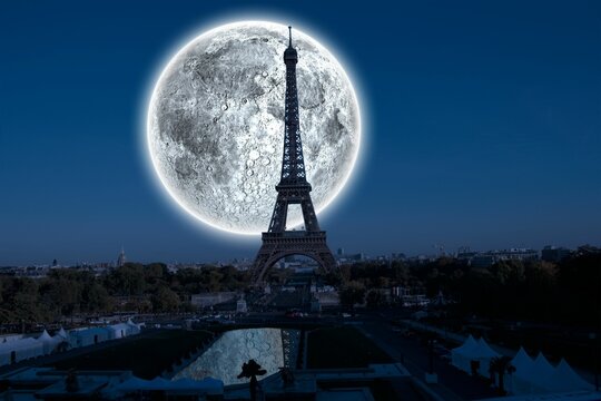 Fototapeta Digital composite of Large moon over paris