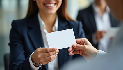 woman, professional businesswoman, suit, jacket, business attire, formal, holding business card, smiling, office, corporate, indoors, 4K and HD image