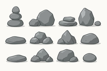 Set Ten Granite stones. Mountain rock stone heap, boulder rocky stones, granite rocks and grey pebbles vector symbols illustration set. Stones collection
