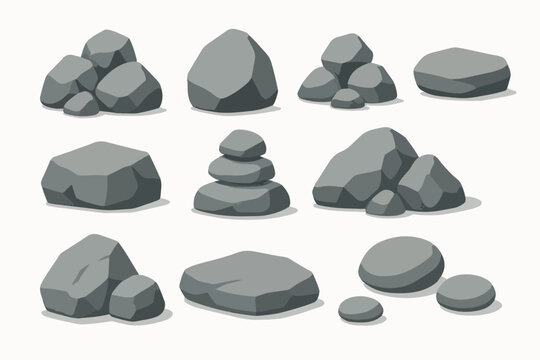 Set Ten Granite stones. Mountain rock stone heap, boulder rocky stones, granite rocks and grey pebbles vector symbols illustration set. Stones collection