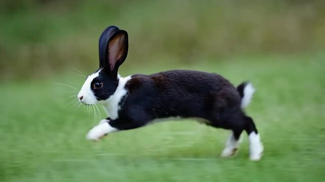 Black and white rabbit leaps energetically across a green meadow during daytime