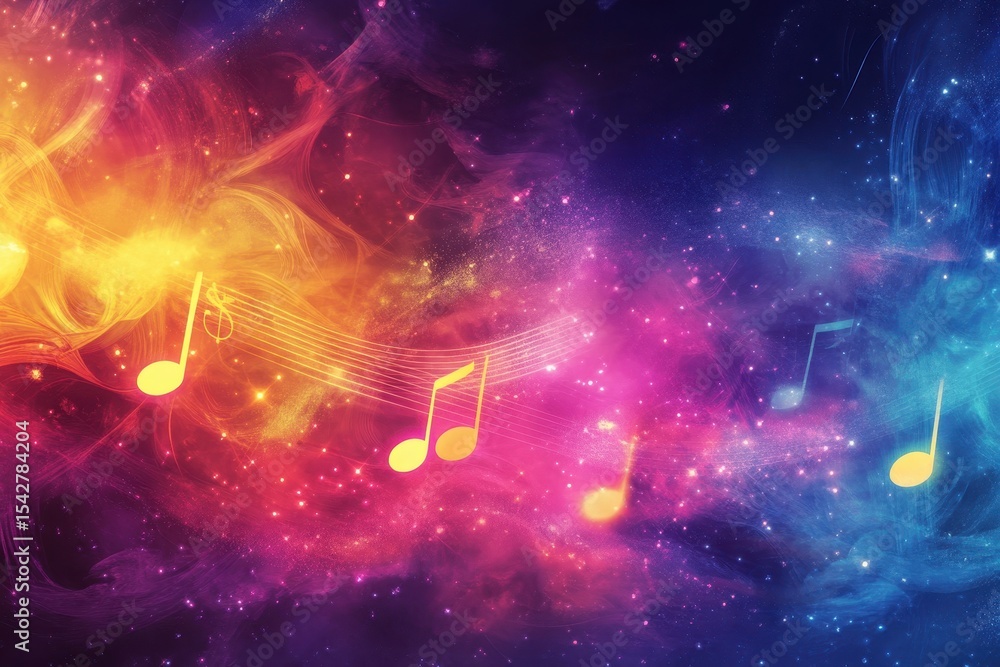 Poster colorful abstract musical notes floating through a cosmic background with vibrant hues and swirling 