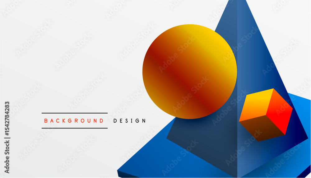 Aufkleber Abstract geometric composition. Orange sphere, blue triangle, red cube create dynamic visual impact. Minimalist design, clean aesthetic.