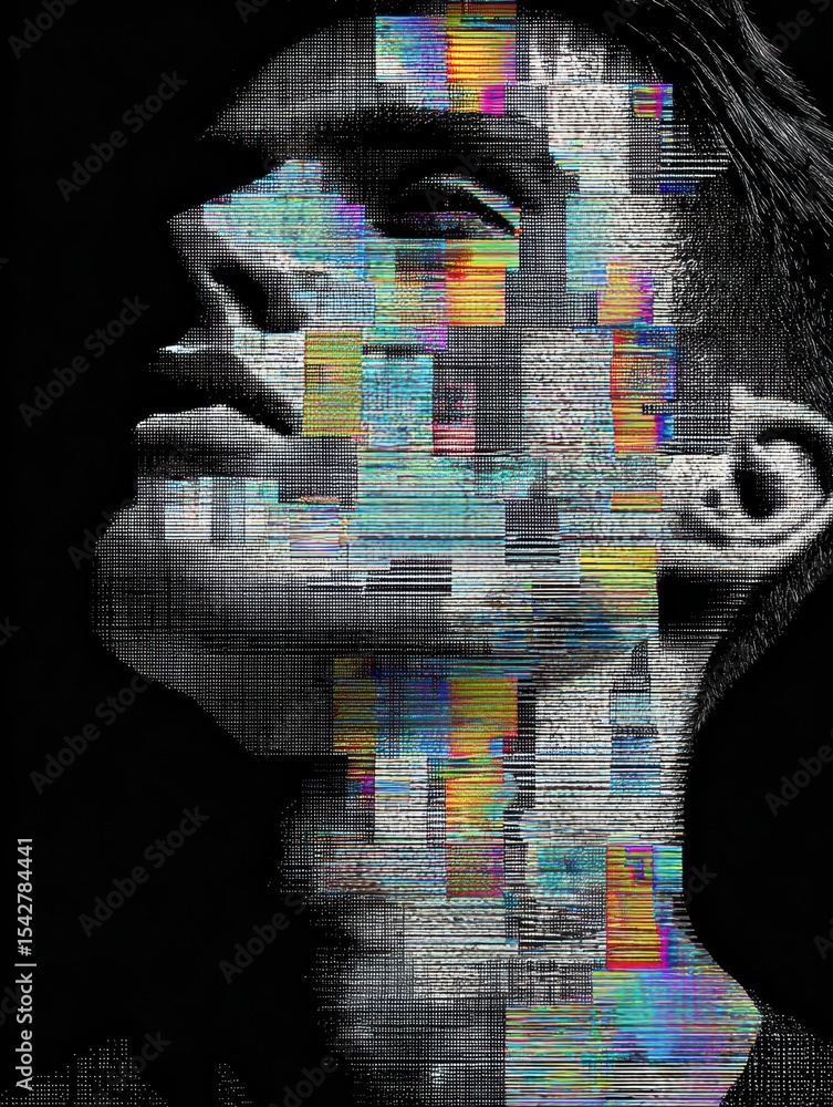 Poster Glitch Effect Representing Emotional Confusion With a Persons Face Outlined in Vibrant Colors and Distorted Visuals Captured in a Dark Setting