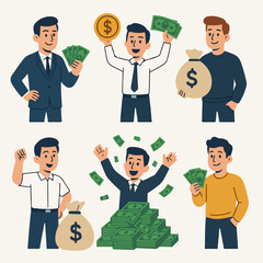 Male character with money. Successful rich man, financial well-being, men money bag flat vector illustration. Financially successful male
