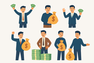 Male character with money. Successful rich man, financial well-being, men money bag flat vector illustration. Financially successful male
