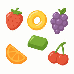 Jelly gummies. Cartoon fruity candies, delicious chewy sweets with various flavors flat vector illustration set. Jelly sweets collection on white
