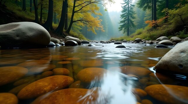 /imagine; close-up of a rippling mountain stream, smooth stones visible beneath the crystal-clear water, reflections of surrounding forest trees on the surface