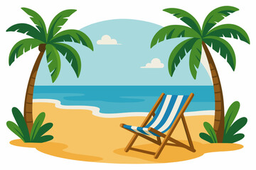 Summer beach landscape. Cartoon nature paradise view, tropical beach, palm trees and beach lounger flat vector illustration. Sandy beach view panorama
