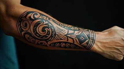 Maori tribal arm tattoo in bold black ink