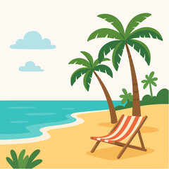 Summer beach landscape. Cartoon nature paradise view, tropical beach, palm trees and beach lounger flat vector illustration. Sandy beach view panorama
