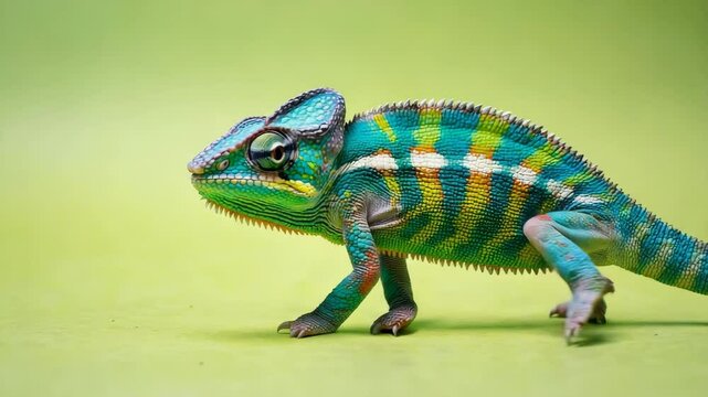 Colorful chameleon moving across vibrant green surface in natural habitat