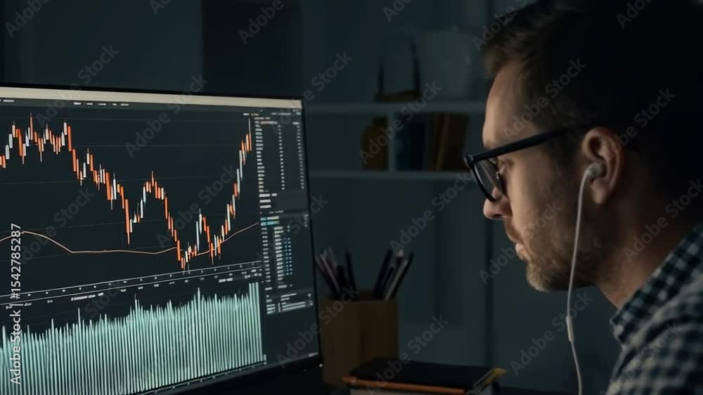 Poster a man analyzes stock market data on his computer screen while taking notes