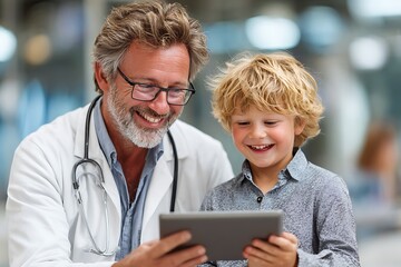 A male doctor with glasses and short gray hair is smiling while showing his young patient something on an iPad.