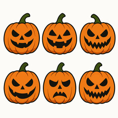 Halloween carved pumpkins. Cartoon pumpkin jack-o-lanterns, scary Halloween decorations flat vector illustration set. Evil pumpkin faces
