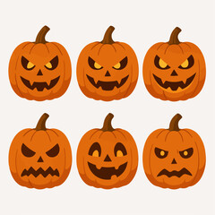 Halloween carved pumpkins. Cartoon pumpkin jack-o-lanterns, scary Halloween decorations flat vector illustration set. Evil pumpkin faces
