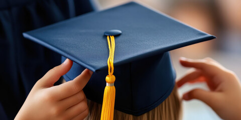 Close-up of mother's hands adjusting the graduation cap on her child's head. 