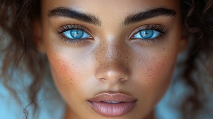 Close-up of woman with striking blue eyes, natural beauty, outdoor setting