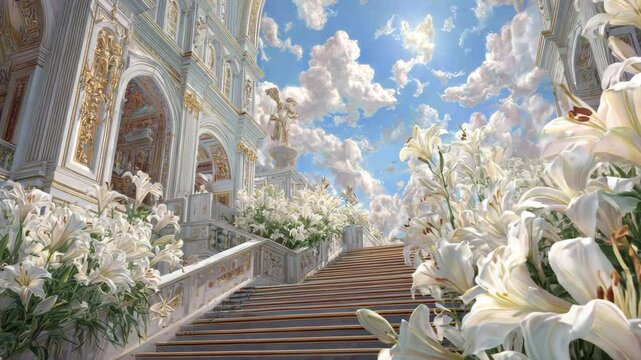 White lilies line a grand staircase ascending towards a white palace under a bright, sunny sky. The scene evokes serenity and a sense of heavenly ascension.