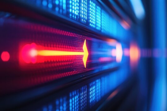 Progress bar indicating download status with vibrant blue and red lighting, Closeup shot of download progress bar Computer generated