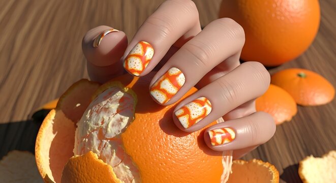 Vibrant orange themed nail art design on a hand holding an orange fruit