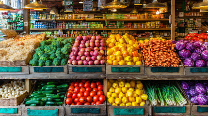 Obraz premium Fresh fruits and vegetables neatly arranged on a wooden shelf, showcasing natural abundance and healthy living.