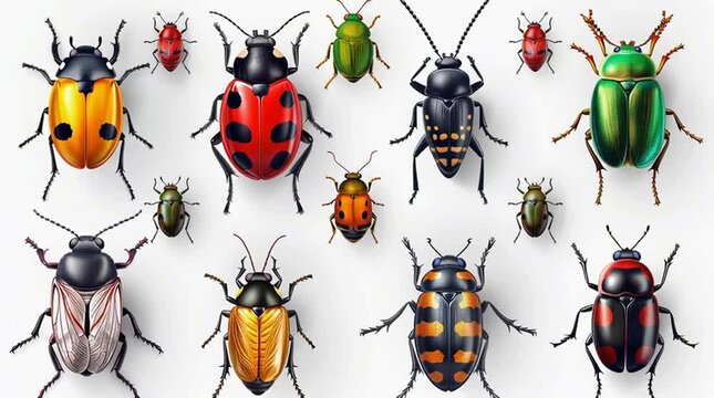 Animated collection of lively crawling bugs on a clean white background

