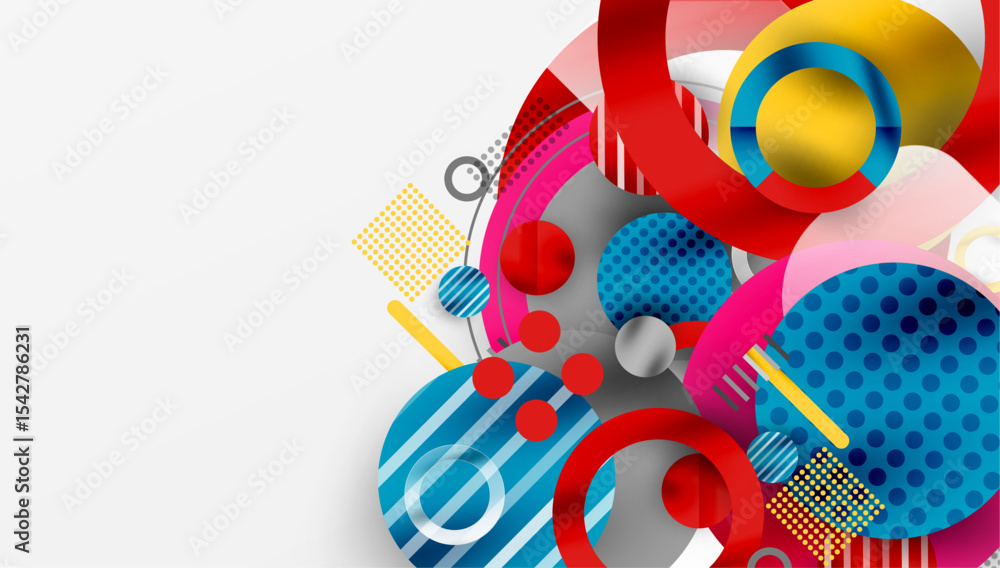 Poster Abstract design features overlapping colorful circles, stripes, dots. Modern composition with vibrant hues, dynamic shapes.