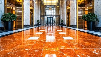 Opulent lobby with orange marble floors and golden accents