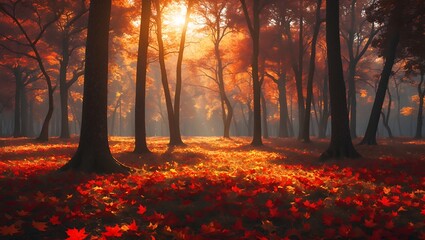 Obraz premium Autumn Forest with Red Leaves and Sunlight Streaming Through Trees