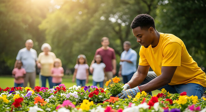 Diverse community volunteers planting colorful flowers in a vibrant park garden, showcasing teamwork and environmental care.