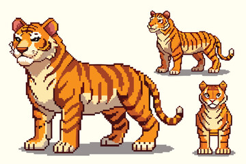 Pixel Art Cartoon Tiger Character Sprite Sheet – Cute Jungle Predator in 8-bit 16-bit 32-bit Game Style
