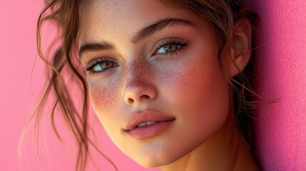 Close-up portrait of a woman with freckles against a pink background