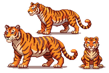 Pixel Art Cartoon Tiger Character Sprite Sheet – Cute Jungle Predator in 8-bit 16-bit 32-bit Game Style