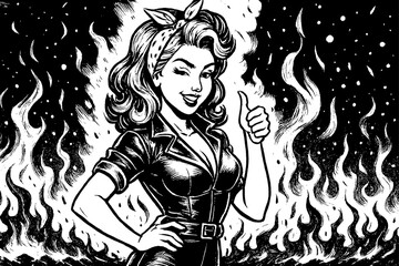 Fototapeta premium Happy Caucasian Woman Pinup Style Giving Thumbs Up in Front of Fire, Black and White