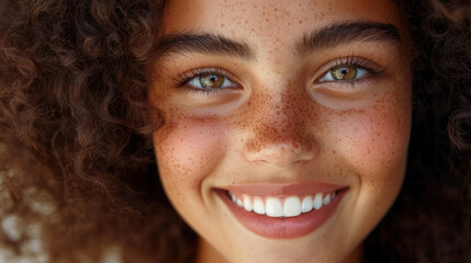 Close-up portrait of a girl with natural curly hair, showing her radiant smile. 