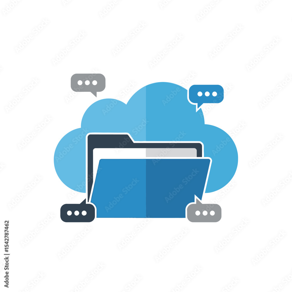 Poster stylized blue folder icon with cloud and speech bubbles for data storage.