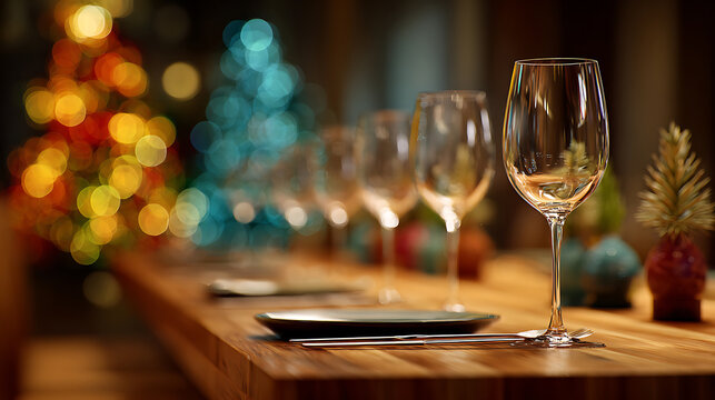 A row of wine glasses on a wooden table, celebrating warmth and togetherness - Powered by Adobe