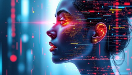 Futuristic AI Woman with Data Overlay, Technological Innovation and Cybernetic Interface