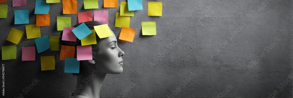 Poster Mind Chart of Gratitude Mapping Illustrating Thoughts Represented by Colorful Sticky Notes on a Persons Head in a Creative Environment