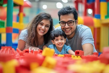 Happy mixed race family enjoying playtime building with colorful blocks in a vibrant indoor play area, Happy mixed race family having fun with building bricks at indoor playground